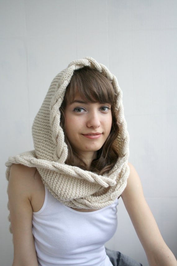 Hand-Knit Cream Hooded Scarf Cream Hooded Scarf - Etsy main image 4