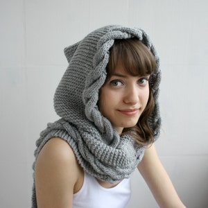 Hand Knit Light Gray Wool Hooded Cable Long Scarf, Woman Fashion Trends, Autumn Gifts, Knit Scarf, Christmas Gifts, Gift for Her