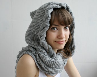 Hand Knit Light Gray Wool Hooded Cable Long Scarf, Woman Fashion Trends, Autumn Gifts, Knit Scarf, Christmas Gifts, Gift for Her