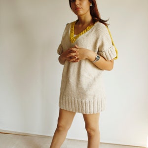 Beige V Neck Knitted Sweater, Short Sleeves Long Sweater, Knit Pullover, Oversized Knit Sweater, Christmas Gift, Gift For Women, Knitted Top image 9