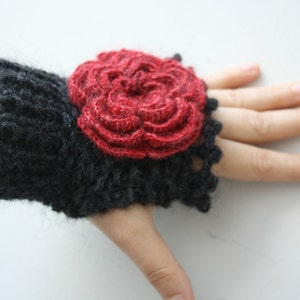 Black Fingerless Gloves With Red Rose Wedding Bridal Gloves Bridesmaids Gloves / Under Usd 50 / Christmas Gift / outdoors gift image 4