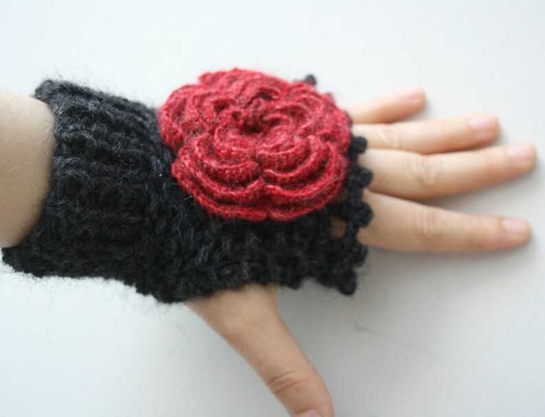 Black Fingerless Gloves With Red Rose Wedding Bridal Gloves Bridesmaids Gloves / Under Usd 50 / Christmas Gift / outdoors gift image 4