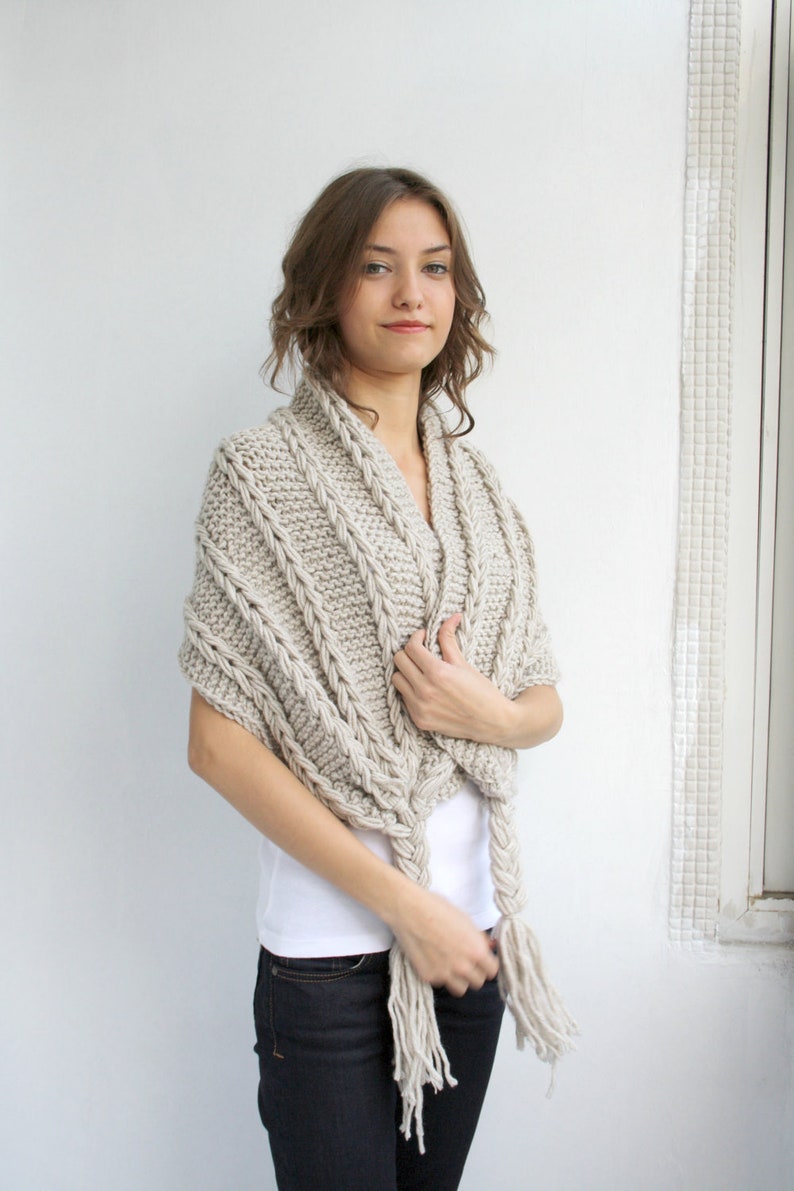 HandKnit Beige Shawl, Knit Rectangle Scarf, Knitted Beige Wrap, Gift For Her, Gift for Her, Gift for Woman, Mother's day Gift, Bridal Shawl image 2