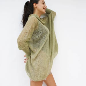 Light Green Loose Knit Angora TurtleNeck Sweater / Oversized Hand-Knitted Long Sleeves Poncho / Knitted Pullover Blouse / Clothing Gift image 2