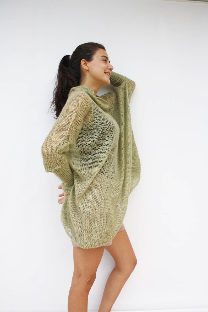 Light Green Loose Knit Angora TurtleNeck Sweater / Oversized Hand-Knitted Long Sleeves Poncho / Knitted Pullover Blouse / Clothing Gift image 2