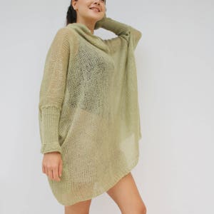 Light Green Loose Knit Angora TurtleNeck Sweater / Oversized Hand-Knitted Long Sleeves Poncho / Knitted Pullover Blouse / Clothing Gift image 5