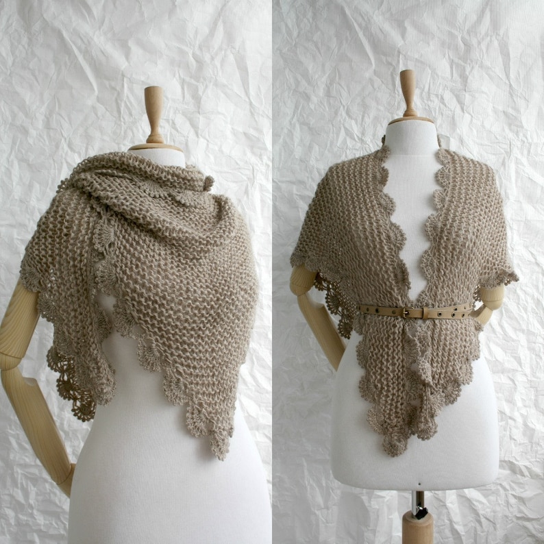 Milky Brown Triangle Shawl, Midi Knit Shawl, Triangle Scarf, Winter Loose Knit Capelet, Gift for Her, Womens Gift Idea, Wrap Shoulder Shawl image 2