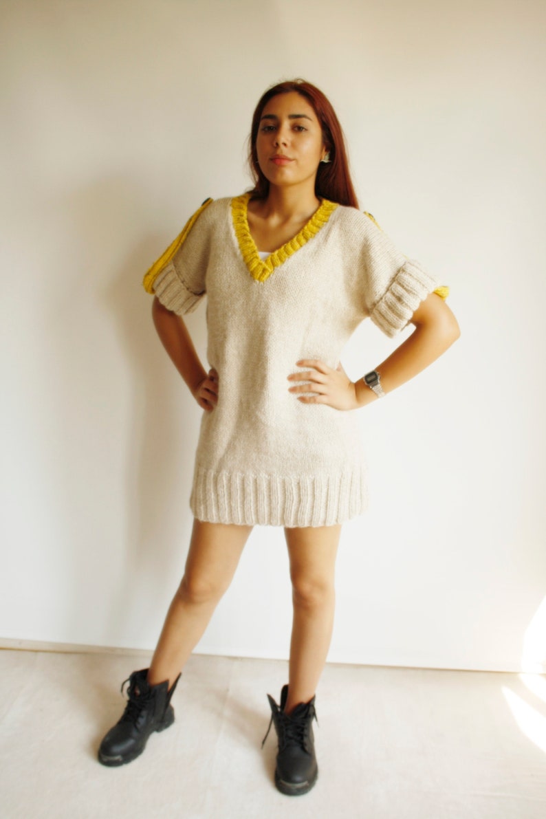 Beige V Neck Knitted Sweater, Short Sleeves Long Sweater, Knit Pullover, Oversized Knit Sweater, Christmas Gift, Gift For Women, Knitted Top image 4