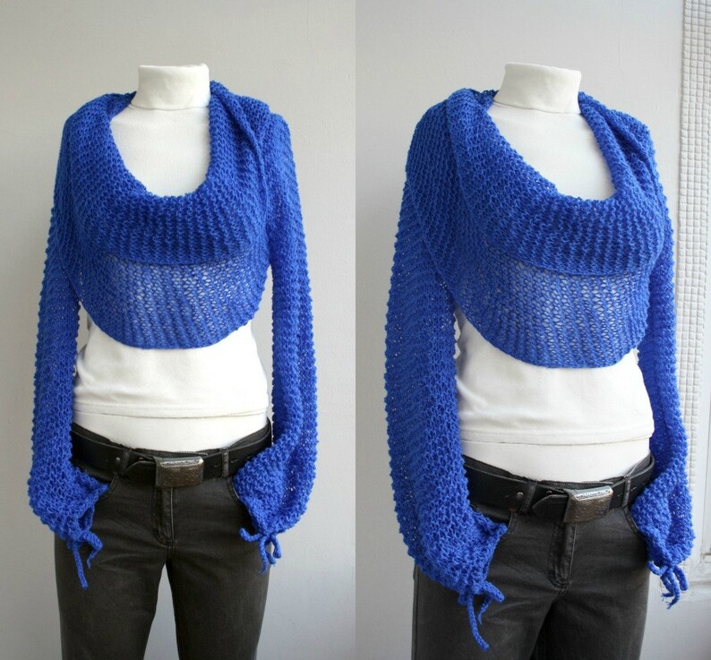 Royal Blue Knit Sleeve Shrug, Multiform Sleeve Scarf, Knitted Bolero, Christmas Gift, Gift For Her, Women Gift, Sleeve Wrap, Crop Cardigan image 3