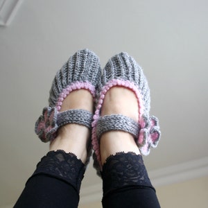 Gray and Sugar Pink Home Slippers, Knitted Slippers, Flowers Booties, Wedding Knitted Shoes, Gray Knitting Socks, Dancing Socks, Yoga Socks image 5