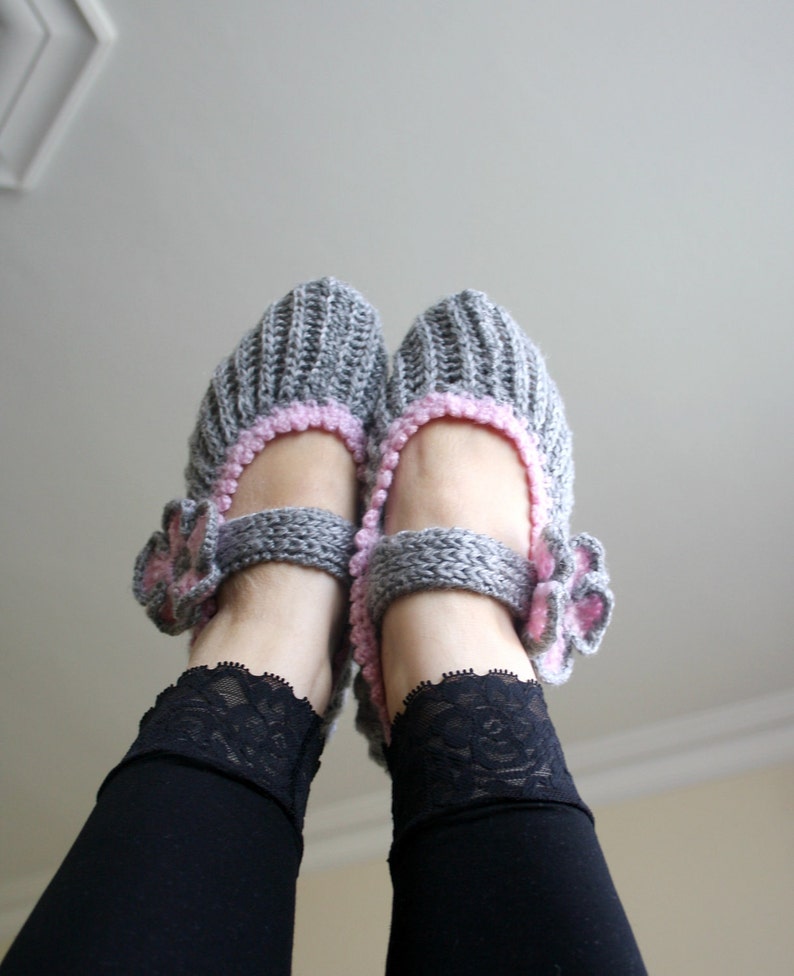 Gray and Sugar Pink Home Slippers, Knitted Slippers, Flowers Booties, Wedding Knitted Shoes, Gray Knitting Socks, Dancing Socks, Yoga Socks image 5