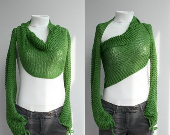 Hand Knit Long Sleeves Graas Green Wrap Bolero, Hand Knit Graas Green Shrug, Over Size, Knit Scarf, Gift For Her, Christmas Gifts