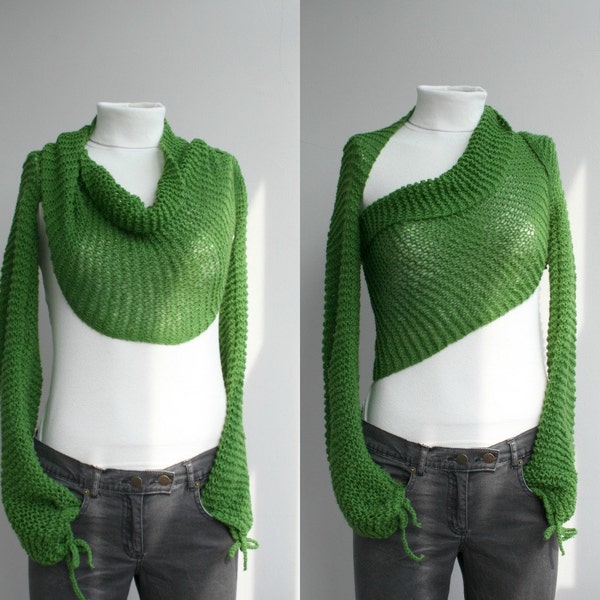 Longues manches Graas vert boléro cache-cœur tricotés à la main, haussement d’épaules vert Graas, tricotés à la main sur la taille, écharpe en tricot, cadeau pour elle, cadeaux de Noël