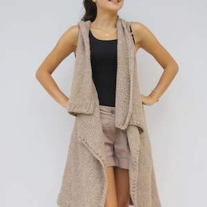 Light Brown Hand-Knitted Long Vest / Cappuccino Oversized Knit Vest / Long Knit Top / Outdoors Gift / Gift For Women / Mother&#39;s Day Gift