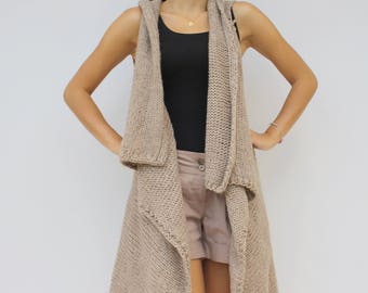 Light Brown Hand-Knitted Long Vest / Cappuccino Oversized Knit Vest / Long Knit Top / Outdoors Gift / Gift For Women / Mother's Day Gift