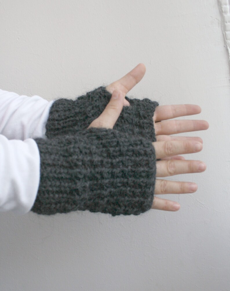 Unisex Charcoal Hand Knitted Fingerless Gloves For Men for women / Christmas gift / Under Usd 25 / Outdoors Gift image 4