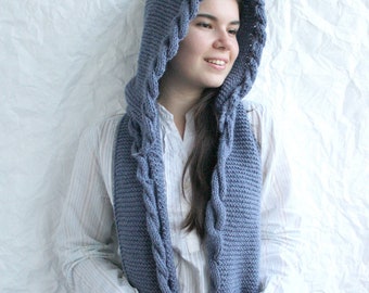 Hand Knit Indigo Blue Wool Hooded Cable Long Scarf, Woman Fashion Trends, Autumn Gifts, Knit Scarf, Christmas Gifts, Gift for Her