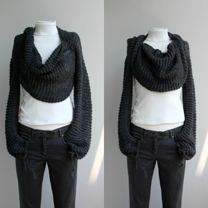 Hand Knit Long Sleeves Charcoal Wrap Bolero, Hand Knit Charcoal Shrug, Over Size, Knit Scarf, Outdoors Gift, Gift For Her, Christmas Gifts