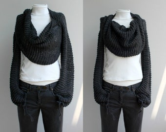 Hand Knit Long Sleeves Charcoal Wrap Bolero, Hand Knit Charcoal Shrug, Over Size, Knit Scarf, Outdoors Gift, Gift For Her, Christmas Gifts