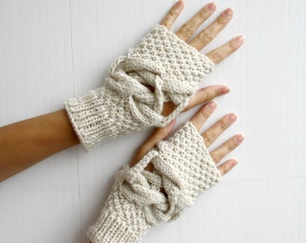 Hand knit Wool Cream Mittens fingerless gloves / Christmas gift / Design By Denizgunes / Clothing Gift / Outdoors gift