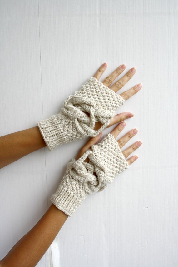 Hand knit Wool Cream Mittens fingerless gloves / Christmas Etsy