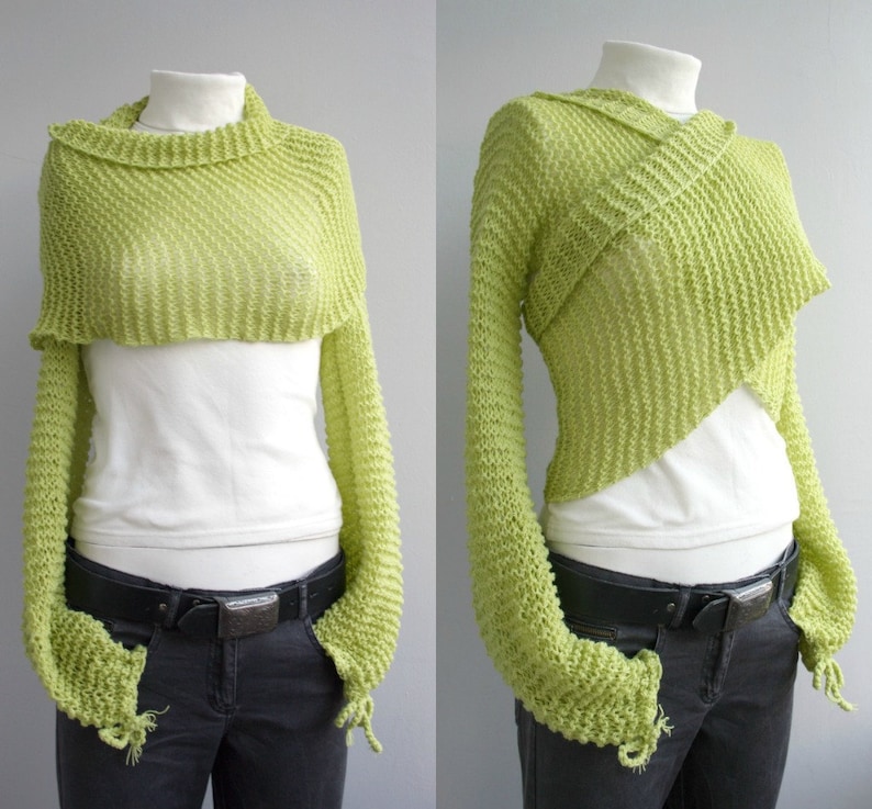 Knitted Pistachio Green Sleeve Shrug , Hand Knit Sleeve Bolero, Christmas Gift, Gift For Her, Knit Sleeve Wrap Scarf, Sleeve Wrap Shawl image 1