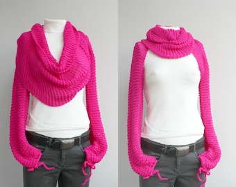 Hand Knit Long Sleeves Fuchsia Pink Wrap Bolero, Knit Fuchsia Pink Shrug, Over Size, Autumn Gifts, Outdoors Gift, Gift For Her, Womens Gift