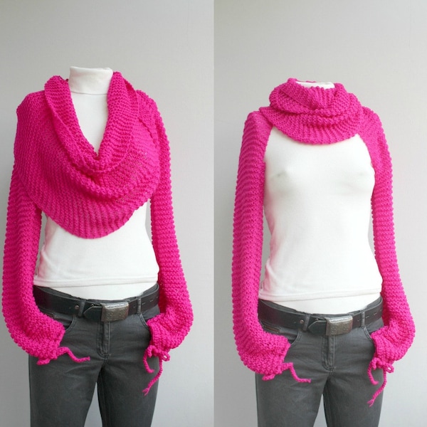 Hand Knit Long Sleeves Fuchsia Pink Wrap Bolero, Knit Fuchsia Pink Shrug, Over Size, Autumn Gifts, Outdoors Gift, Gift For Her, Womens Gift