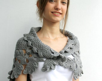 Gray Knit Capelet / Knitted Grey Shawl / Knitting Gray Scarf / Knit Grey Scarf / Christmas gift / Gift for Her / OUTDOORS GIFT