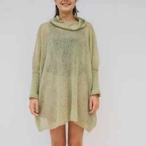 Light Green Loose Knit Angora TurtleNeck Sweater / Oversized Hand-Knitted Long Sleeves Poncho / Knitted Pullover Blouse / Clothing Gift image 6