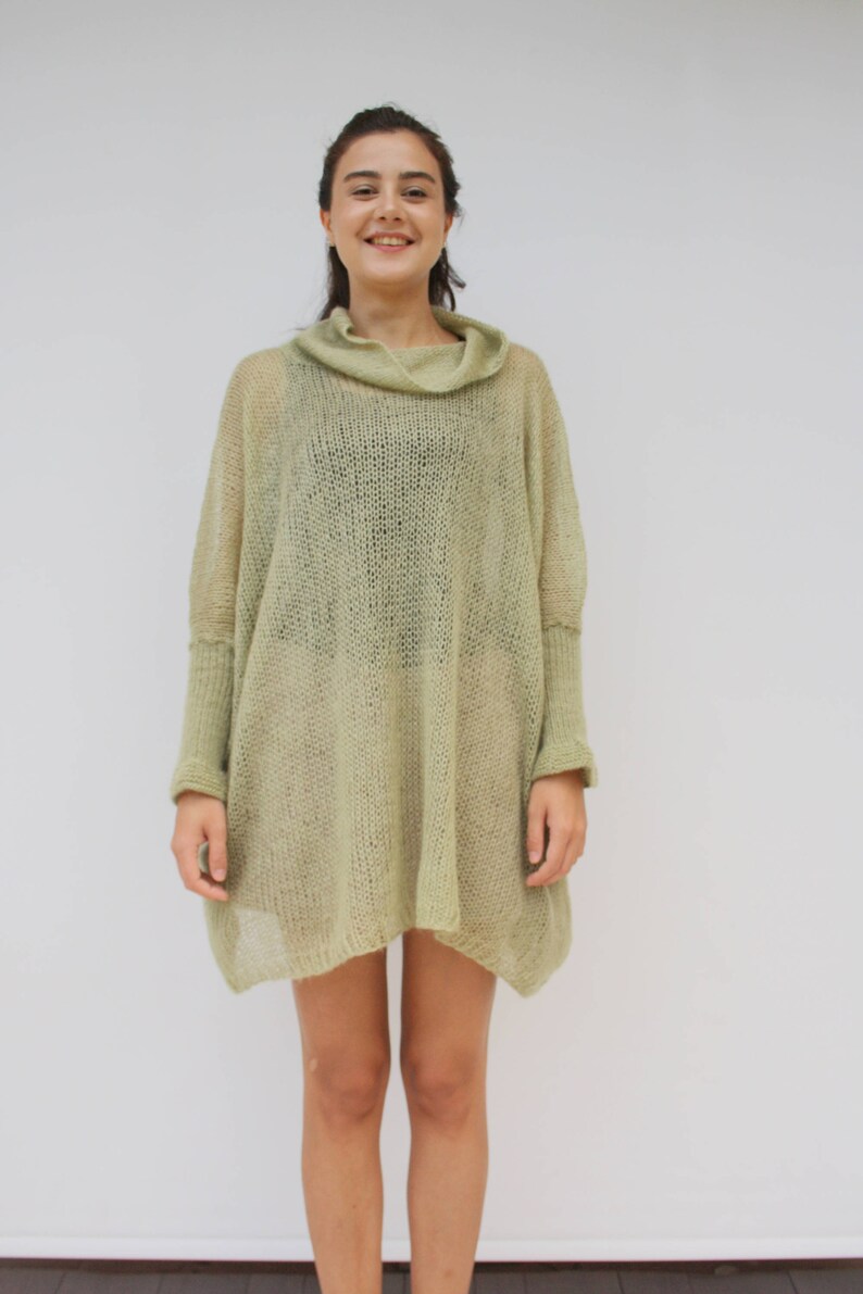 Light Green Loose Knit Angora TurtleNeck Sweater / Oversized Hand-Knitted Long Sleeves Poncho / Knitted Pullover Blouse / Clothing Gift image 6