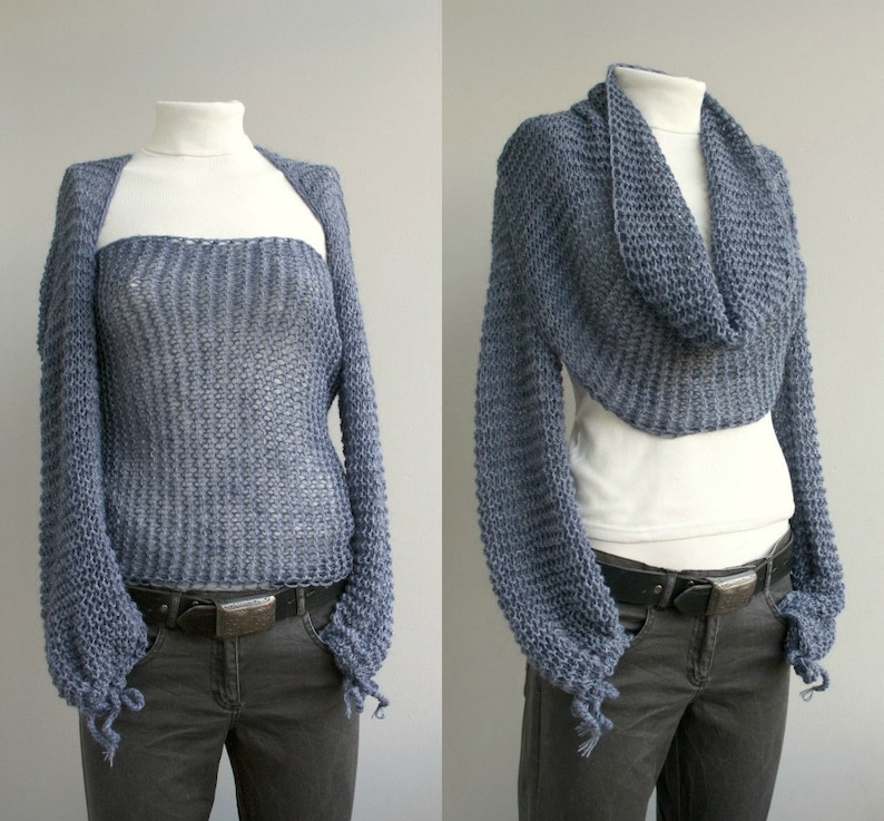 Hand Knit Long Sleeves Indigo Blue Wrap Bolero, Knit Indigo Blue Shrug,Over Size, Autumn Gifts, Outdoors Gift, Gift For Her, Christmas Gifts image 1