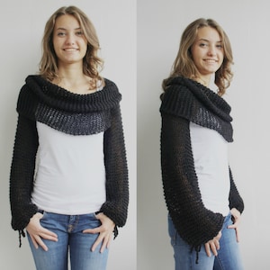 Hand Knit Long Sleeves Black Wrap Bolero, Knit Black Shrug, Over Size, Autumn Gifts, Outdoors Gift, Gift For Her, Knit Scarf, Christmas Gift