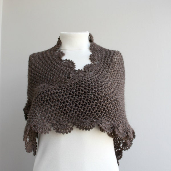 Chocolate Brown Triangle Shawl, Knitted Midi Shawl, Chunky Knit Shawl, Midi knitted Capelet, Brown Knit Scarf, Gift For Her, Gift for Woman