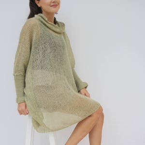 Light Green Loose Knit Angora TurtleNeck Sweater / Oversized Hand-Knitted Long Sleeves Poncho / Knitted Pullover Blouse / Clothing Gift image 4