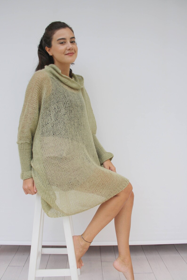 Light Green Loose Knit Angora TurtleNeck Sweater / Oversized Hand-Knitted Long Sleeves Poncho / Knitted Pullover Blouse / Clothing Gift image 4