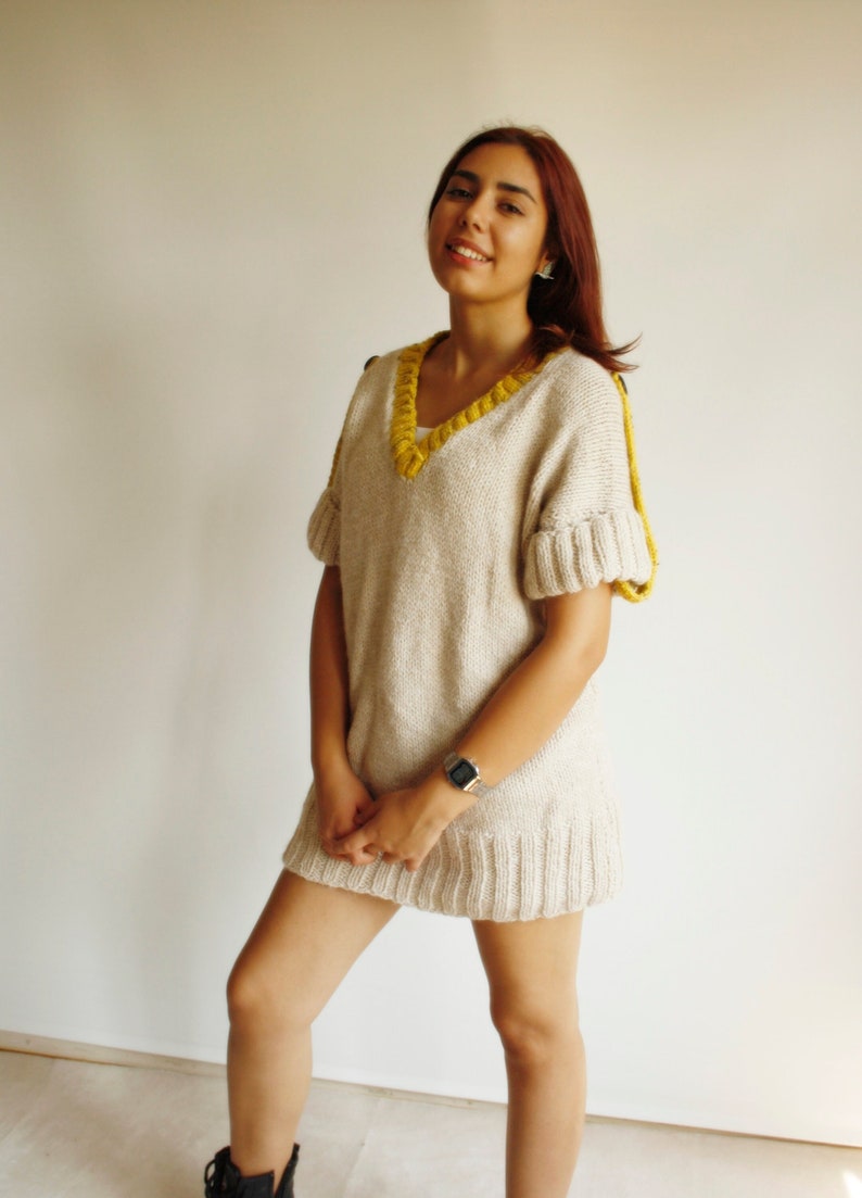 Beige V Neck Knitted Sweater, Short Sleeves Long Sweater, Knit Pullover, Oversized Knit Sweater, Christmas Gift, Gift For Women, Knitted Top image 1