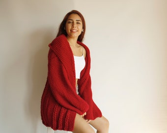 Red Knitted Cardigan, Braided Wool Cardigan, Chunky Knit Cardigan, Knitted Winter Jacket, Gift for Women, Outdoors Gift, Gift for Her