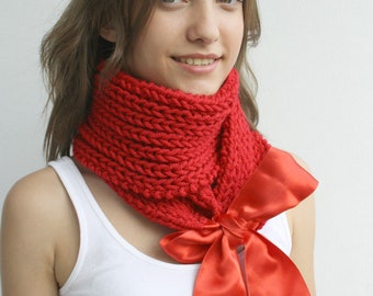 Red Knit Scarf, Shawl, Knit Neckwarmer  with Red Ribbon, gift for women, girls, Mother's day gift under USD50