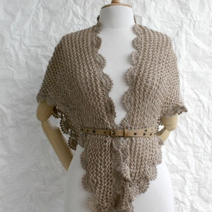 Milky Brown Triangle Shawl, Midi Knit Shawl, Triangle Scarf, Winter Loose Knit Capelet, Gift for Her, Womens Gift Idea, Wrap Shoulder Shawl image 3