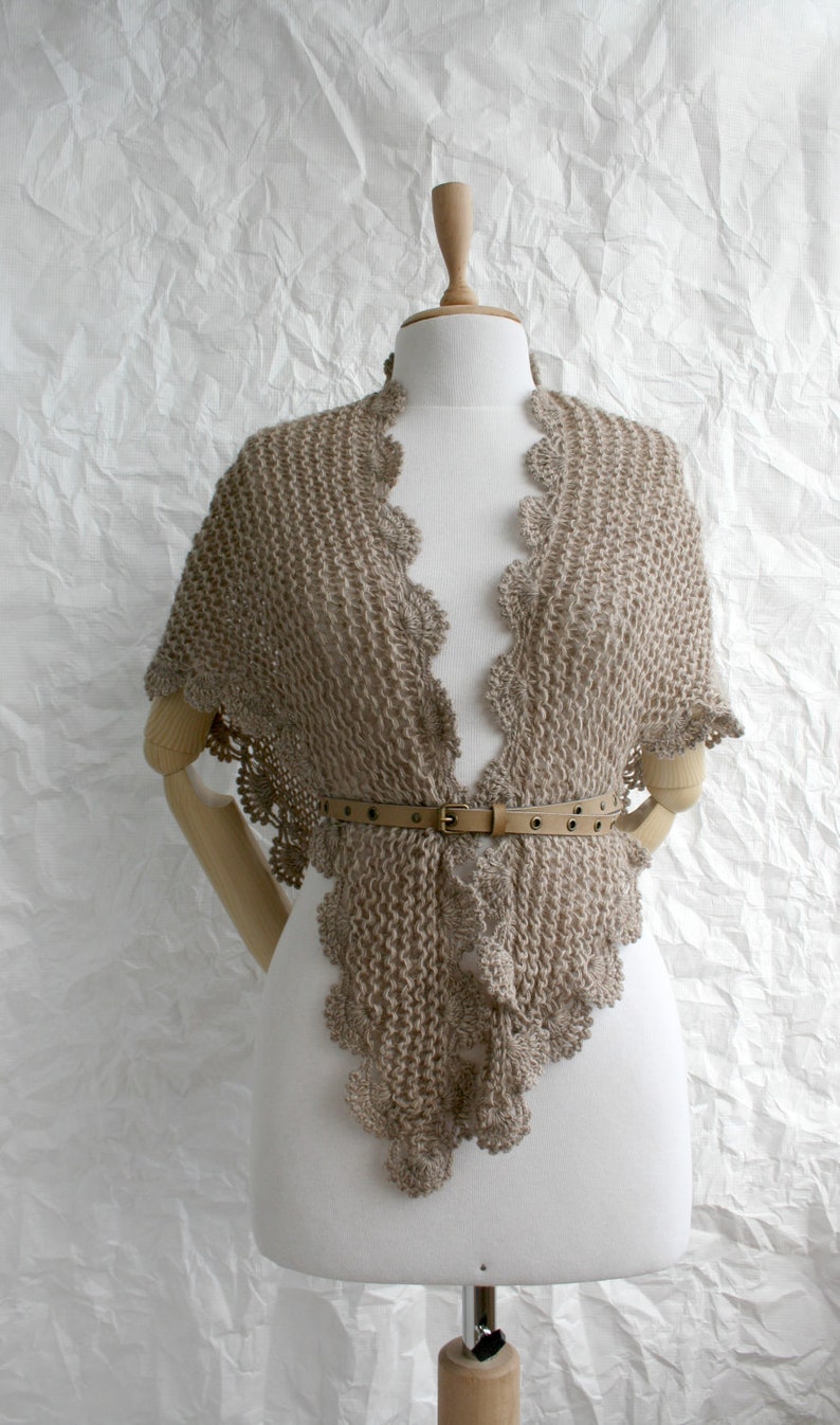 Milky Brown Triangle Shawl, Midi Knit Shawl, Triangle Scarf, Winter Loose Knit Capelet, Gift for Her, Womens Gift Idea, Wrap Shoulder Shawl image 3