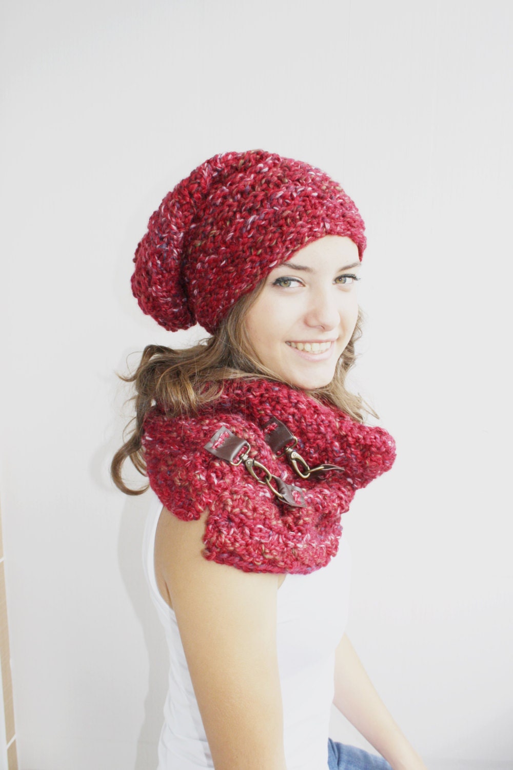Red Scarf / Hat Warm Set Knitted Scarf and Hat Oversized - Etsy