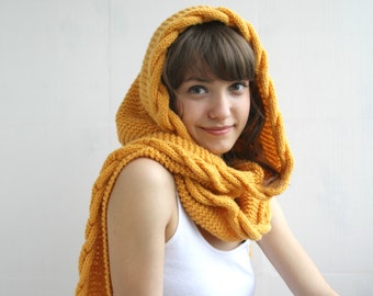 Hand Knit Mustard Wool Hooded Cable Long Scarf, Woman Fashion Trends, Autumn Gifts, Knit Scarf, Outdoors Gift, Christmas Gifts, Gift for Her