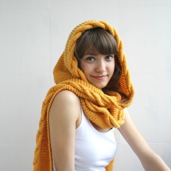 Hand Knit Mustard Wool Hooded Cable Long Scarf, Woman Fashion Trends, Autumn Gifts, Knit Scarf, Outdoors Gift, Christmas Gifts, Gift for Her