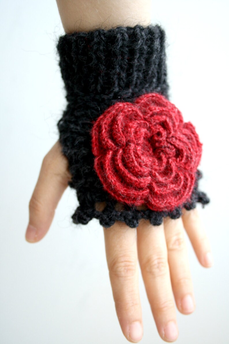 Black Fingerless Gloves With Red Rose Wedding Bridal Gloves Bridesmaids Gloves / Under Usd 50 / Christmas Gift / outdoors gift image 2