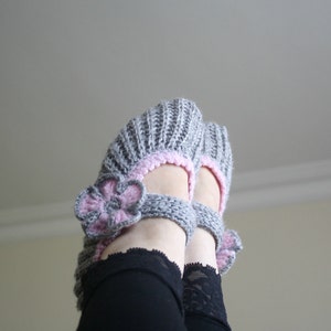 Gray and Sugar Pink Home Slippers, Knitted Slippers, Flowers Booties, Wedding Knitted Shoes, Gray Knitting Socks, Dancing Socks, Yoga Socks image 3