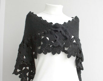 Hand Knitted Black Capelet / Shawl  Christmas Gift / Outdoors Gift / Clothing Gift / Gift for Her / Knit Accessories