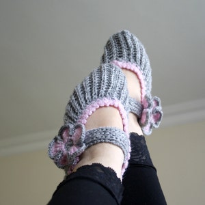 Gray and Sugar Pink Home Slippers, Knitted Slippers, Flowers Booties, Wedding Knitted Shoes, Gray Knitting Socks, Dancing Socks, Yoga Socks image 4