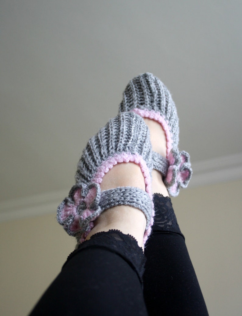 Gray and Sugar Pink Home Slippers, Knitted Slippers, Flowers Booties, Wedding Knitted Shoes, Gray Knitting Socks, Dancing Socks, Yoga Socks image 4