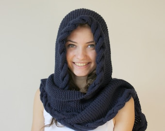 Hand Knit Navy Blue Wool Hooded Scarf, Cable Long Hoodie Scarves, Autumn Gifts, Knit Scarf, Outdoors Gift, Christmas Gifts, Gift for Her